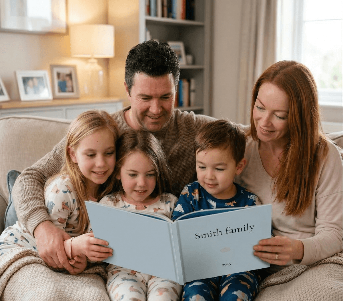 Family reading their Million Tiny Moments photobook together